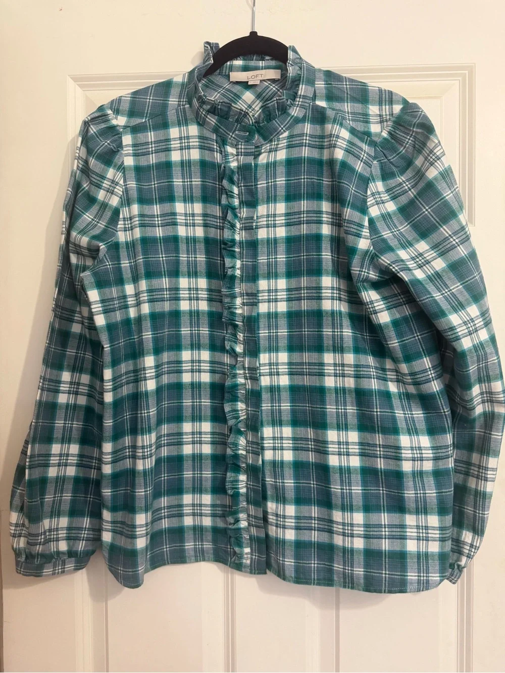 LOFT Ruffled Flannel  Blouse Teal/Blue/Cream